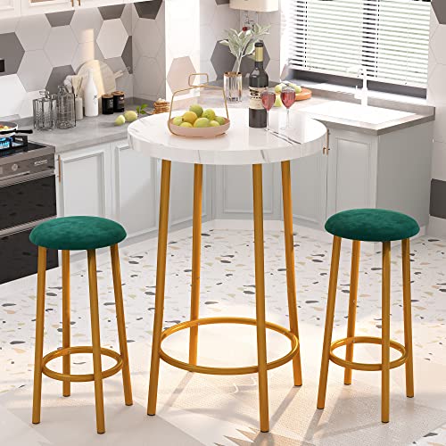 Lamerge 3 Piece Pub Dining Set, Counter Height Round Bar Table and Stools, Small Bistro with Metal Frame, Velvet Ideal for Breakfast Nook, Bistro, Apartment, White + Green, 30mm Thickness (W36850283)