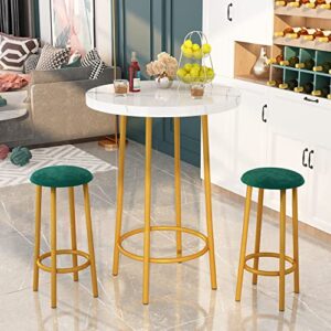 Lamerge 3 Piece Pub Dining Set, Counter Height Round Bar Table and Stools, Small Bistro with Metal Frame, Velvet Ideal for Breakfast Nook, Bistro, Apartment, White + Green, 30mm Thickness (W36850283)