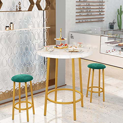 Lamerge 3 Piece Pub Dining Set, Counter Height Round Bar Table and Stools, Small Bistro with Metal Frame, Velvet Ideal for Breakfast Nook, Bistro, Apartment, White + Green, 30mm Thickness (W36850283)