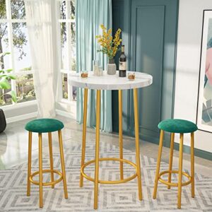 Lamerge 3 Piece Pub Dining Set, Counter Height Round Bar Table and Stools, Small Bistro with Metal Frame, Velvet Ideal for Breakfast Nook, Bistro, Apartment, White + Green, 30mm Thickness (W36850283)