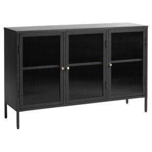 unique furniture modern steel sideboard with 3 hinged doors and 2 adjustable shelves, 33.5" h x 52" l x 15.75" w, black/golden
