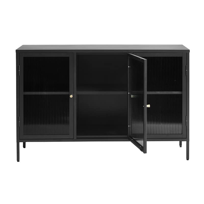 Unique Furniture Modern Steel Sideboard with 3 Hinged Doors and 2 Adjustable Shelves, 33.5" H x 52" L x 15.75" W, Black/Golden