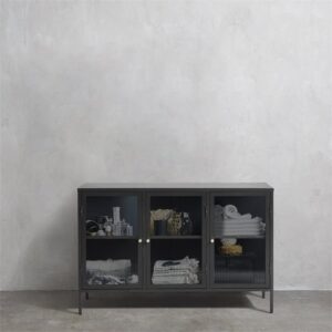 Unique Furniture Modern Steel Sideboard with 3 Hinged Doors and 2 Adjustable Shelves, 33.5" H x 52" L x 15.75" W, Black/Golden