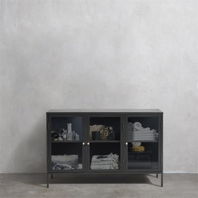 Unique Furniture Modern Steel Sideboard with 3 Hinged Doors and 2 Adjustable Shelves, 33.5" H x 52" L x 15.75" W, Black/Golden