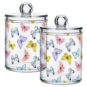 gredecor qtip holder dispenser 2 pack watercolor colorful butterflies apothecary jars with lids bathroom vanity countertop canister storage organizer for cotton ball,swabs,pads,floss