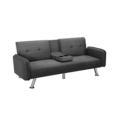UBGO Reversible Modular, Convertible Sofa Bed, Adjustable Loveseat, Pull Down Mid Back with 2 Cup Holders, Small Space Furniture Set for Living Room, Bedroom, Office, Dark Grey