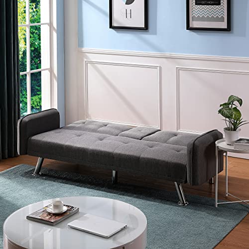 UBGO Reversible Modular, Convertible Sofa Bed, Adjustable Loveseat, Pull Down Mid Back with 2 Cup Holders, Small Space Furniture Set for Living Room, Bedroom, Office, Dark Grey