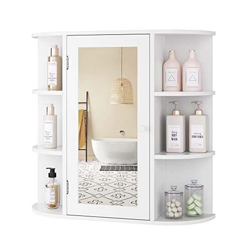 FOTOSOK Bathroom Medicine Cabinet with Single Mirror Door, Wall Mounted Medicine Cabinet with 2 Inner Adjustable Shelves and 6 Open Fixed Shelves, Storage Medicine Cabinet for Bathroom, White