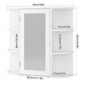 FOTOSOK Bathroom Medicine Cabinet with Single Mirror Door, Wall Mounted Medicine Cabinet with 2 Inner Adjustable Shelves and 6 Open Fixed Shelves, Storage Medicine Cabinet for Bathroom, White