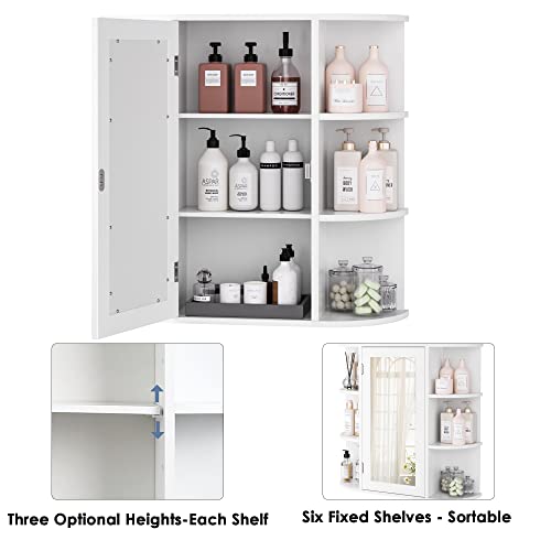 FOTOSOK Bathroom Medicine Cabinet with Single Mirror Door, Wall Mounted Medicine Cabinet with 2 Inner Adjustable Shelves and 6 Open Fixed Shelves, Storage Medicine Cabinet for Bathroom, White