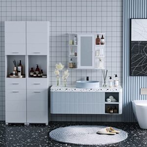FOTOSOK Bathroom Medicine Cabinet with Single Mirror Door, Wall Mounted Medicine Cabinet with 2 Inner Adjustable Shelves and 6 Open Fixed Shelves, Storage Medicine Cabinet for Bathroom, White