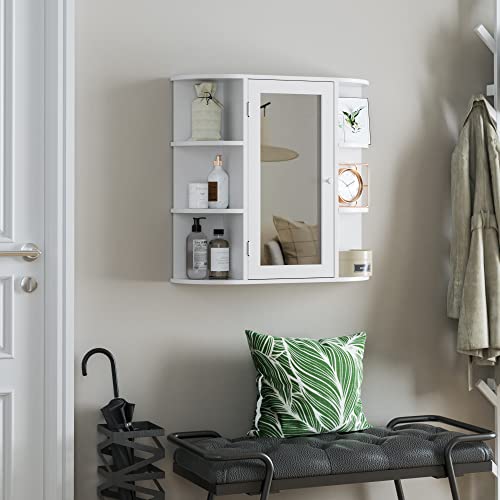 FOTOSOK Bathroom Medicine Cabinet with Single Mirror Door, Wall Mounted Medicine Cabinet with 2 Inner Adjustable Shelves and 6 Open Fixed Shelves, Storage Medicine Cabinet for Bathroom, White