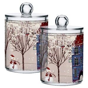 gredecor christmas winter qtip holder dispenser 2 pack snowmen snow courtyard with trees bathroom decorative storage canister holder counter vanity organizer for cotton ball swabs pads floss