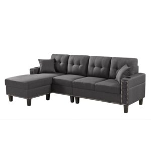 devion furniture fabric linen modern style sectional sofa & chaise with cup holder-dark gray