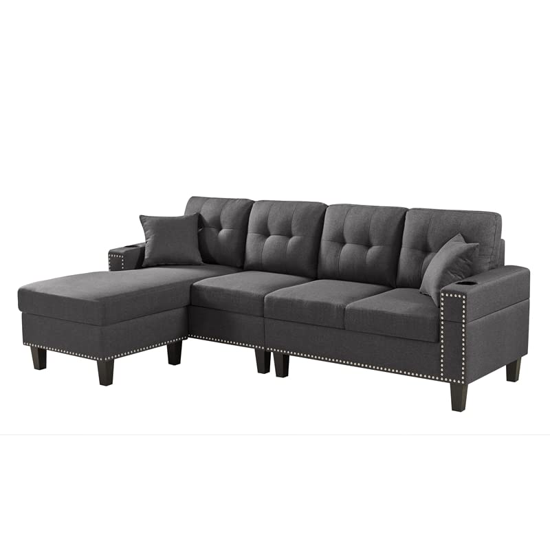 Devion Furniture Fabric Linen Modern Style Sectional Sofa & Chaise with Cup Holder-Dark Gray