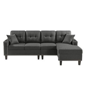 Devion Furniture Fabric Linen Modern Style Sectional Sofa & Chaise with Cup Holder-Dark Gray