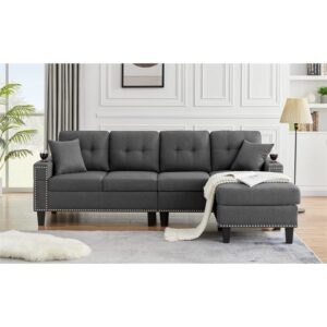 Devion Furniture Fabric Linen Modern Style Sectional Sofa & Chaise with Cup Holder-Dark Gray