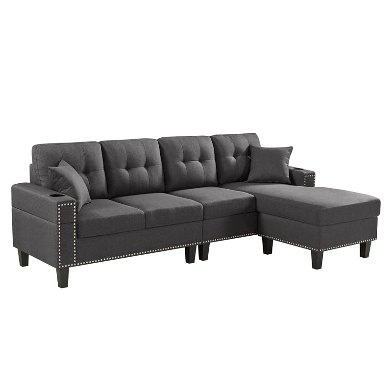 Devion Furniture Fabric Linen Modern Style Sectional Sofa & Chaise with Cup Holder-Dark Gray