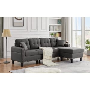 Devion Furniture Fabric Linen Modern Style Sectional Sofa & Chaise with Cup Holder-Dark Gray