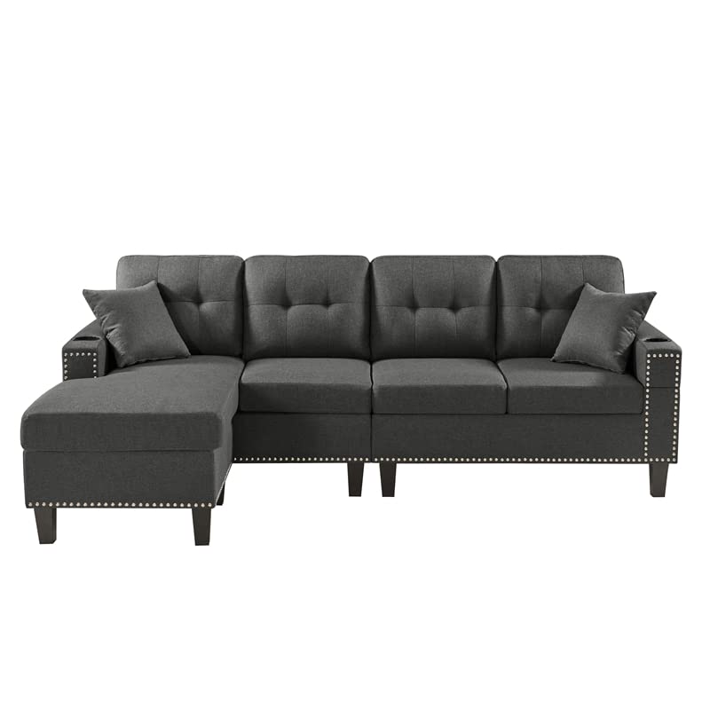 Devion Furniture Fabric Linen Modern Style Sectional Sofa & Chaise with Cup Holder-Dark Gray