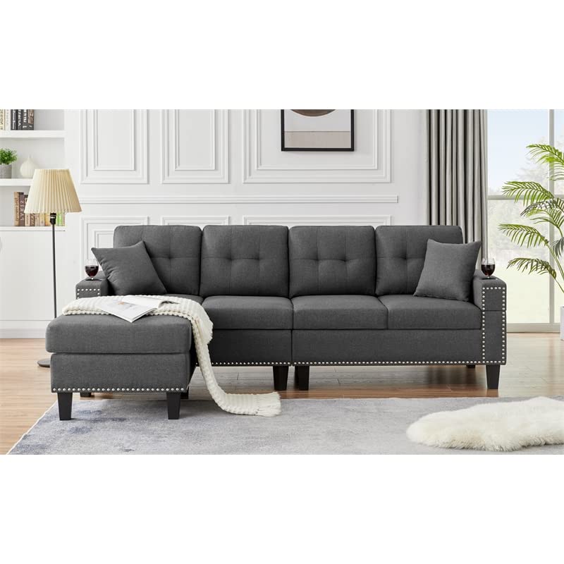 Devion Furniture Fabric Linen Modern Style Sectional Sofa & Chaise with Cup Holder-Dark Gray