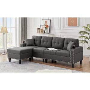 Devion Furniture Fabric Linen Modern Style Sectional Sofa & Chaise with Cup Holder-Dark Gray