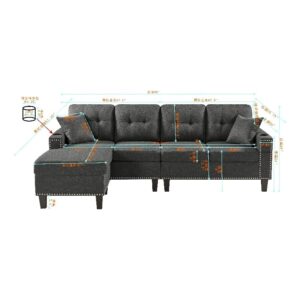 Devion Furniture Fabric Linen Modern Style Sectional Sofa & Chaise with Cup Holder-Dark Gray