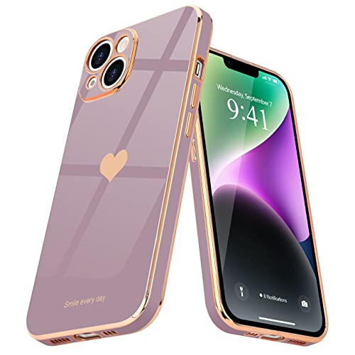 Teageo for iPhone 14 Case for Women Girl Cute Love Heart Luxury Electroplate Plating Soft Bling Back Cover Raised Full Camera Protection Bumper Silicone Shockproof Phone Case for iPhone 14, Lavender