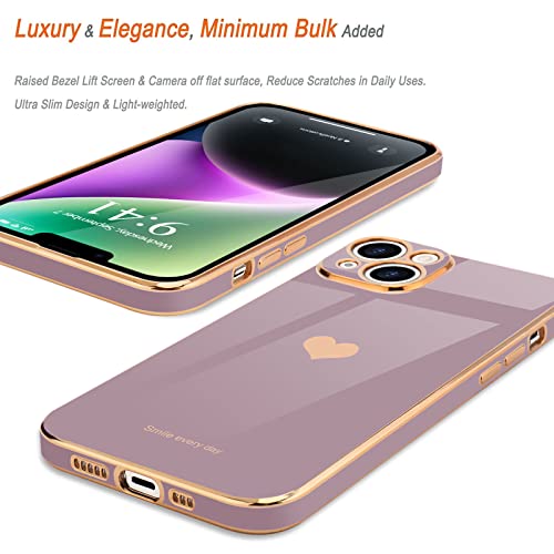 Teageo for iPhone 14 Case for Women Girl Cute Love Heart Luxury Electroplate Plating Soft Bling Back Cover Raised Full Camera Protection Bumper Silicone Shockproof Phone Case for iPhone 14, Lavender