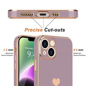 Teageo for iPhone 14 Case for Women Girl Cute Love Heart Luxury Electroplate Plating Soft Bling Back Cover Raised Full Camera Protection Bumper Silicone Shockproof Phone Case for iPhone 14, Lavender