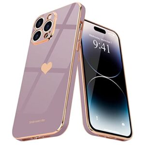 teageo for iphone 14 pro case for women girl cute love heart luxury plating soft bling back cover raised full camera protection bumper silicone shockproof phone case for iphone 14 pro, lavender