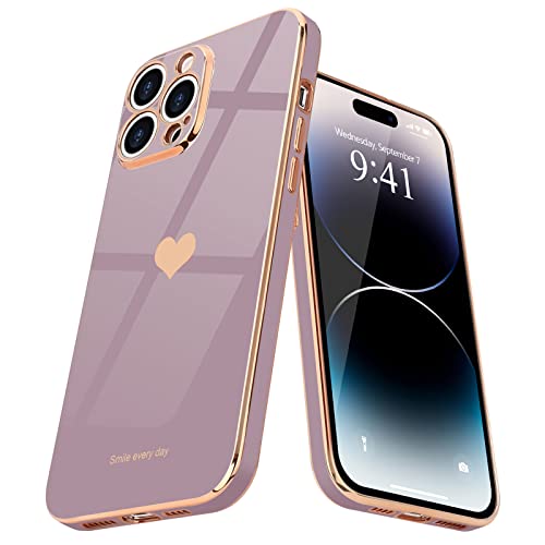 Teageo for iPhone 14 Pro Case for Women Girl Cute Love Heart Luxury Plating Soft Bling Back Cover Raised Full Camera Protection Bumper Silicone Shockproof Phone Case for iPhone 14 Pro, Lavender