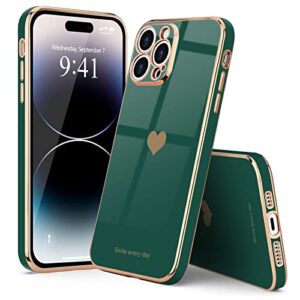 Teageo iPhone 14 Pro Case - Luxury Love Heart Design, Bling Back Cover, Camera Protection, Shockproof, Blackish Green