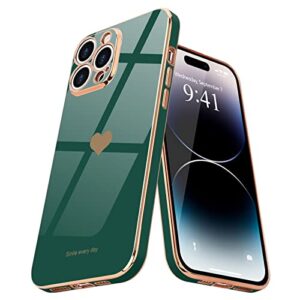 teageo iphone 14 pro case - luxury love heart design, bling back cover, camera protection, shockproof, blackish green