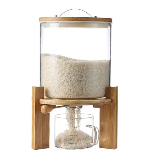 Glass Rice Dispenser with Wooden Stand, Flour and Sugar Container Dispenser with Glass Measuring Cup for Pantry Organization and Storage with Airtight Bamboo Lid for Rice, Beans,and Ground Coffee (5L)