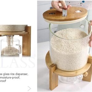 Glass Rice Dispenser with Wooden Stand, Flour and Sugar Container Dispenser with Glass Measuring Cup for Pantry Organization and Storage with Airtight Bamboo Lid for Rice, Beans,and Ground Coffee (5L)