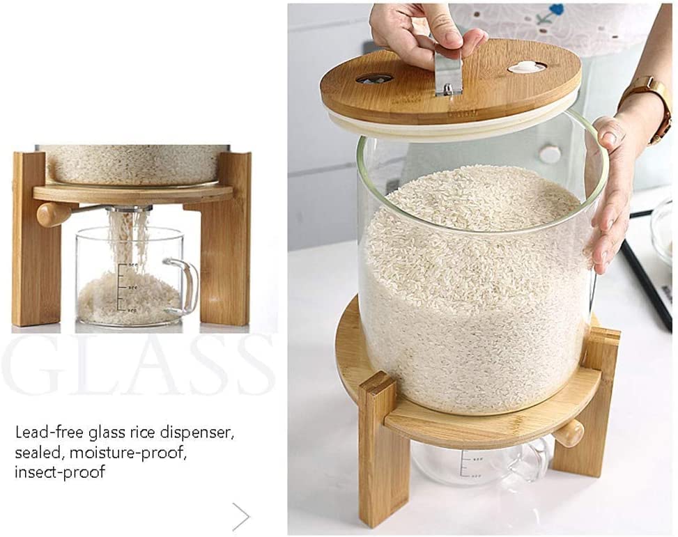 Glass Rice Dispenser with Wooden Stand, Flour and Sugar Container Dispenser with Glass Measuring Cup for Pantry Organization and Storage with Airtight Bamboo Lid for Rice, Beans,and Ground Coffee (5L)