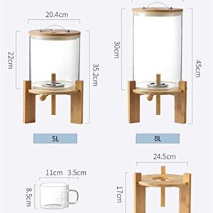 Glass Rice Dispenser with Wooden Stand, Flour and Sugar Container Dispenser with Glass Measuring Cup for Pantry Organization and Storage with Airtight Bamboo Lid for Rice, Beans,and Ground Coffee (5L)