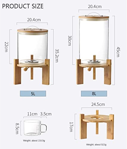 Glass Rice Dispenser with Wooden Stand, Flour and Sugar Container Dispenser with Glass Measuring Cup for Pantry Organization and Storage with Airtight Bamboo Lid for Rice, Beans,and Ground Coffee (5L)