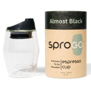 sprogo, to-go espresso cup (almost black) espresso travel mug, 4 oz tumbler, double glass wall, small cortado glasses size, travel mug with lid, reusable, fits cupholders
