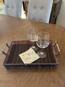 rattan tray - woven rectangular serving tray - brown weatherproof decorative tray for indoor or outdoor - multifunction ottoman tray for kitchen, coffee table - outdoor serving tray - 10” x 15” x 2”