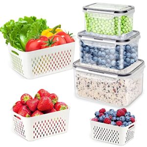 wbktool fruit storage containers for fridge, 3 pack vegetable container produce saver with drain colanders + lids, berry containers salad lettuce food fresh keeper for refrigerator organizer