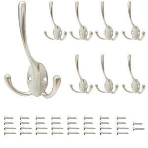 8 pack triple coat hook heavy duty robe hooks wall mounted for hat towel clothes, three prongs retro coats hangers hardware zinc alloy hook for farmhouse bathroom backdoor mudroom, silver