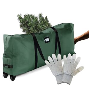 rolling large christmas tree storage bag - fits up to 9 ft. artificial disassembled trees, wheels & durable handles for easy carrying and transport - 600d durable fabric
