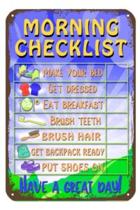 daily morning routine reward chart for kids and autism - tin learning calendar for kids, teaching tool vintage wall decor for bedroom college apartment bar club 8x12 inch