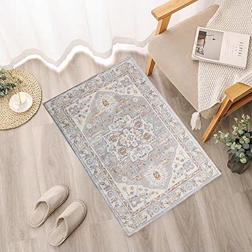 GEVES Beige Grey Area Rug Persian Oriental 2x3 Boho Entryway Rugs for Bedroom Kitchen Bathroom Decor Doormat Washable Indoor Use Non-Slip Rubber Backing