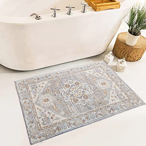 GEVES Beige Grey Area Rug Persian Oriental 2x3 Boho Entryway Rugs for Bedroom Kitchen Bathroom Decor Doormat Washable Indoor Use Non-Slip Rubber Backing