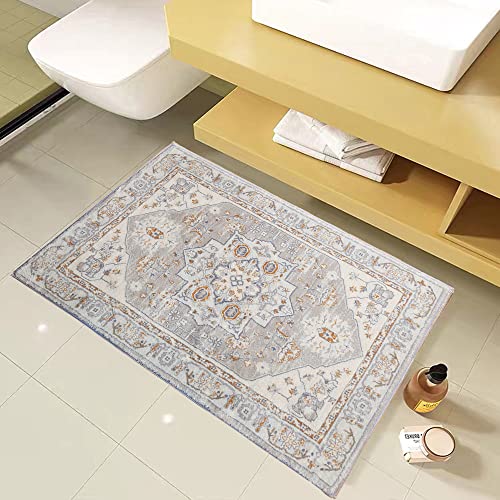 GEVES Beige Grey Area Rug Persian Oriental 2x3 Boho Entryway Rugs for Bedroom Kitchen Bathroom Decor Doormat Washable Indoor Use Non-Slip Rubber Backing