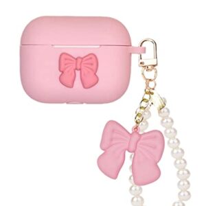 case for Airpods Pro 2nd Generation Cover, Stylish Bowknot Women Girls Kids Soft Silicone Skin Cover Protective Case with Bow Pearl Wrist Keychain for Apple Airpods Pro 2 Charging Case 2022 (Pink)