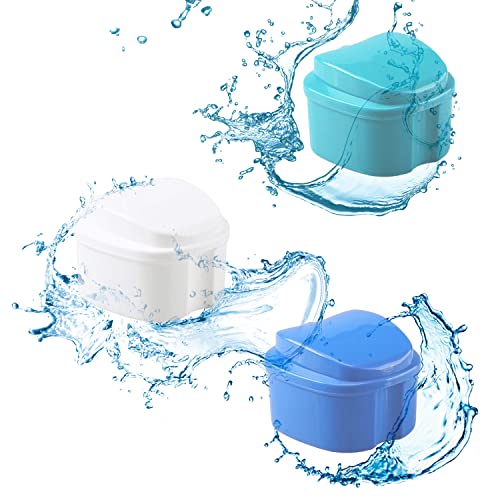 OBTANIM 2 Pack Denture Bath Cup Case Box Holder Storage Soak Container with Strainer Basket for RetainersTravel False Teeth Cleaning (White, Blue)